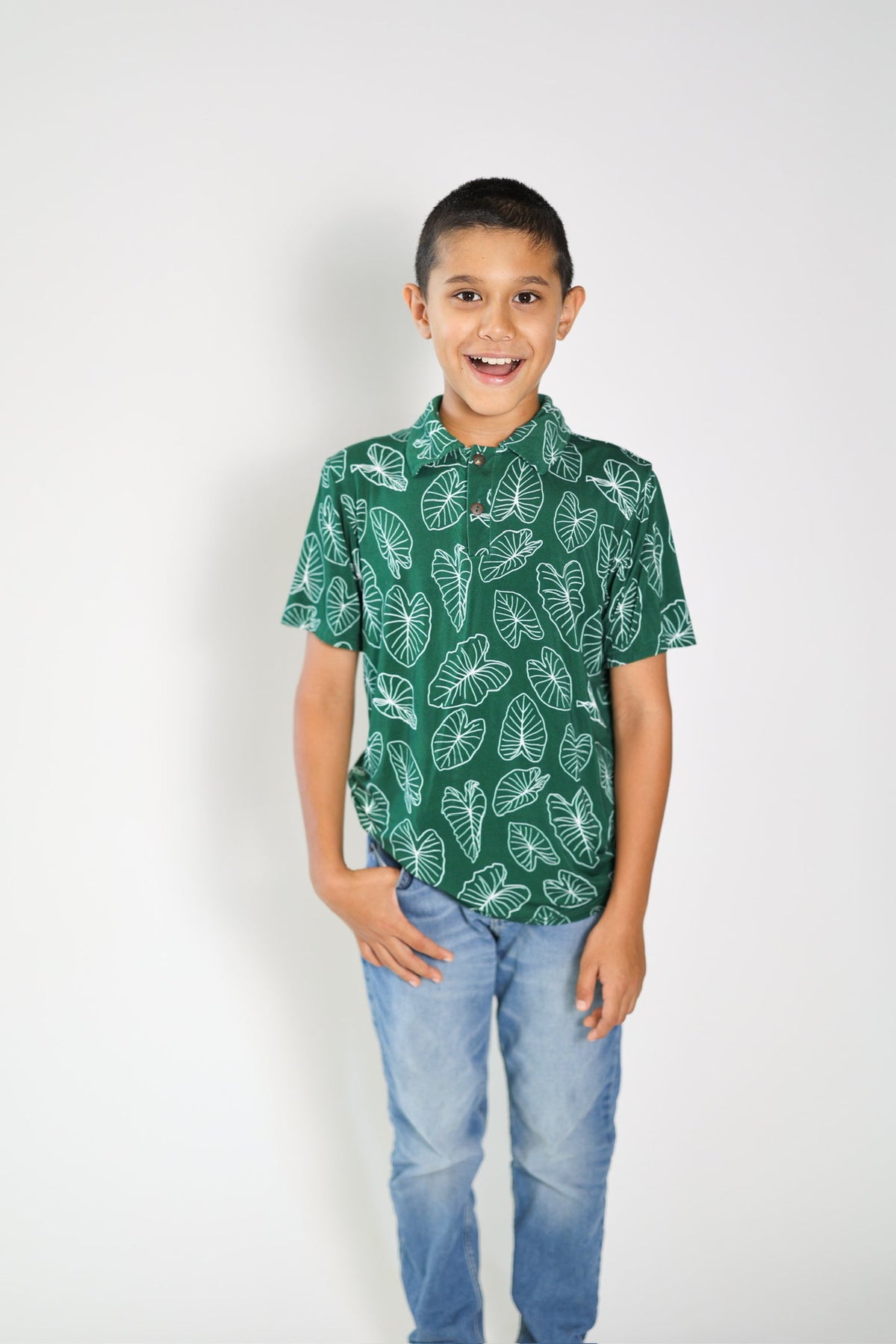 Pop-Up Mākeke - The Keiki Department - Bamboo Kalei Athletic Polo Shirt - Signature Kalo - In Use