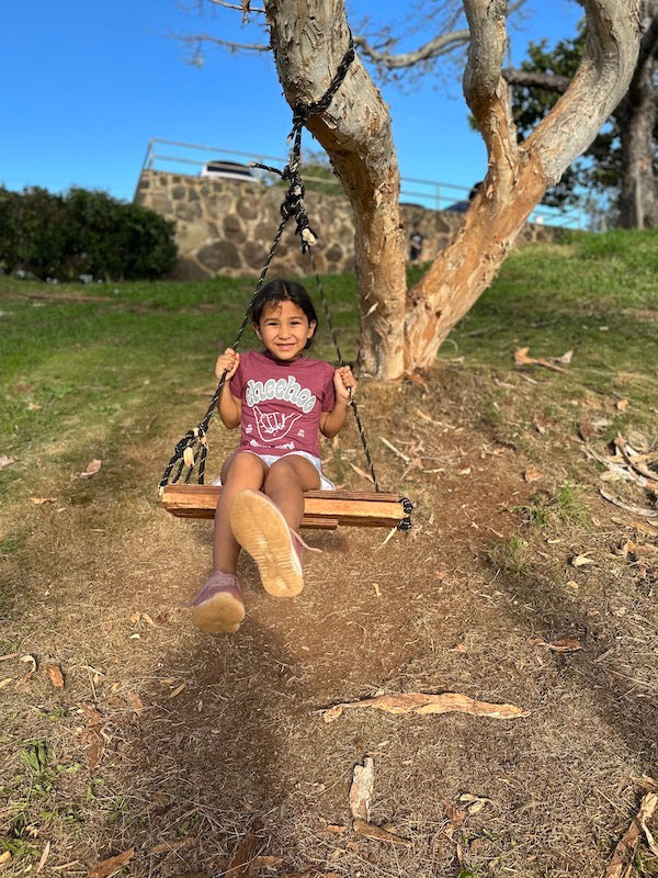 Pop-Up Mākeke - The Keiki Department - Chee Hoo Shaka Crew Keiki T-Shirt - Vintage Burgundy - In Use