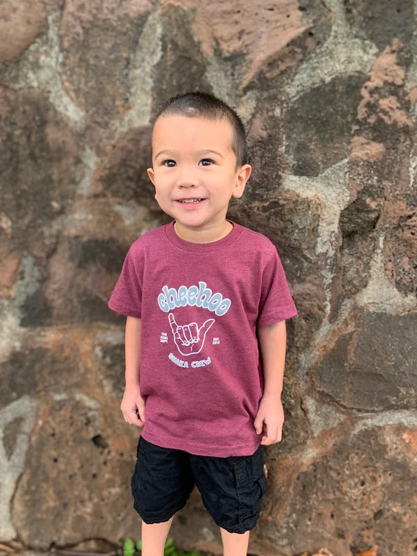 Pop-Up Mākeke - The Keiki Department - Chee Hoo Shaka Crew Keiki T-Shirt - Vintage Burgundy - In Use