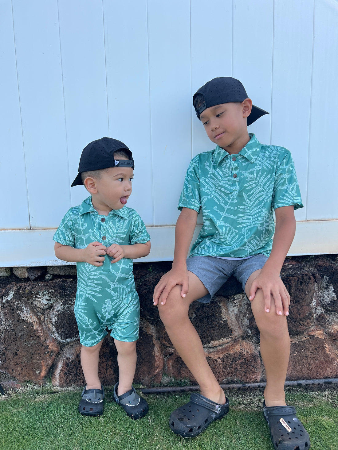 Pop-Up Mākeke - The Keiki Department - Kalei Keiki Athletic Polo Shirt - Neke Fern in Green - In Use