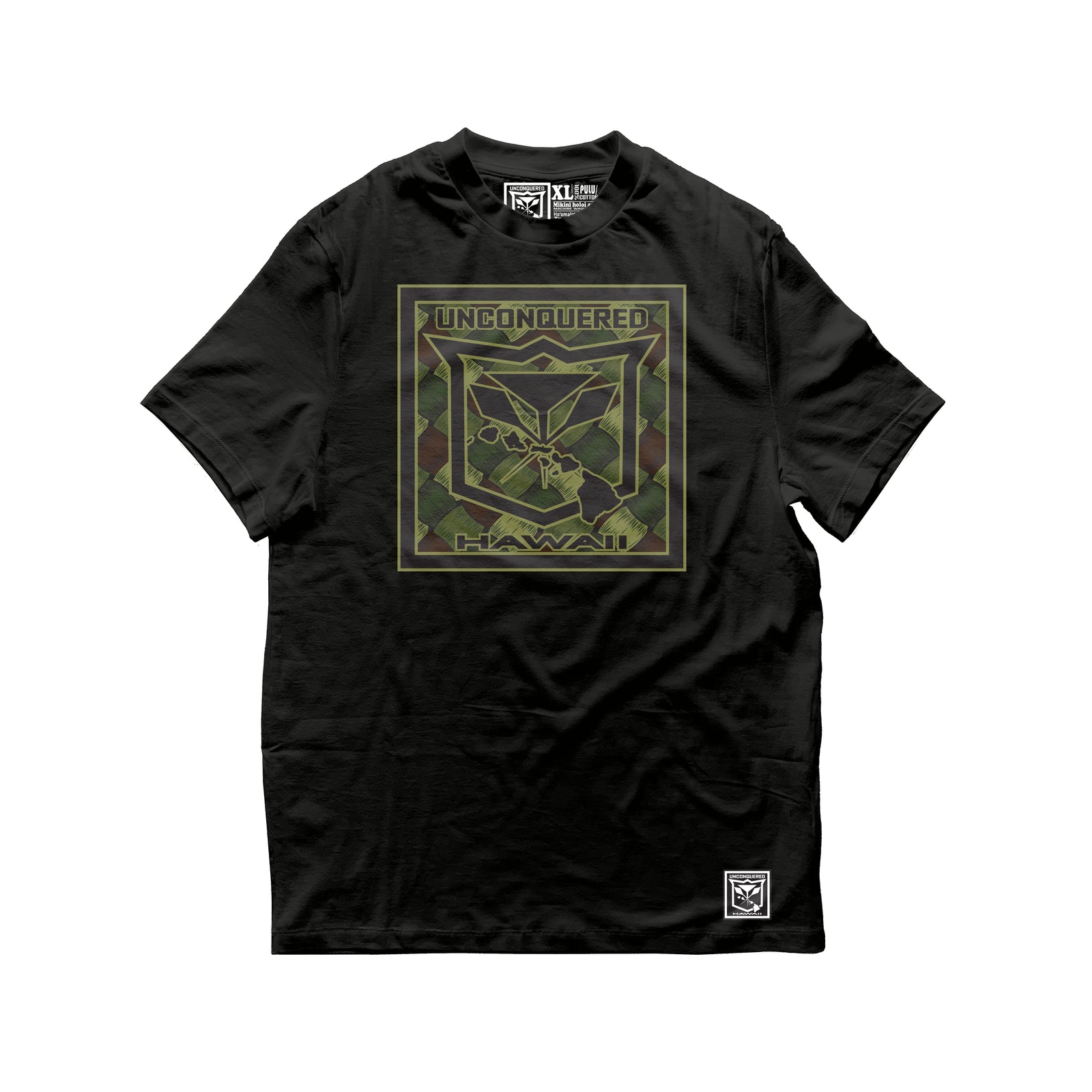 Pop-Up Mākeke - Unconquered Hawaii - Lauhala Tee - Woodland Camo - Front View