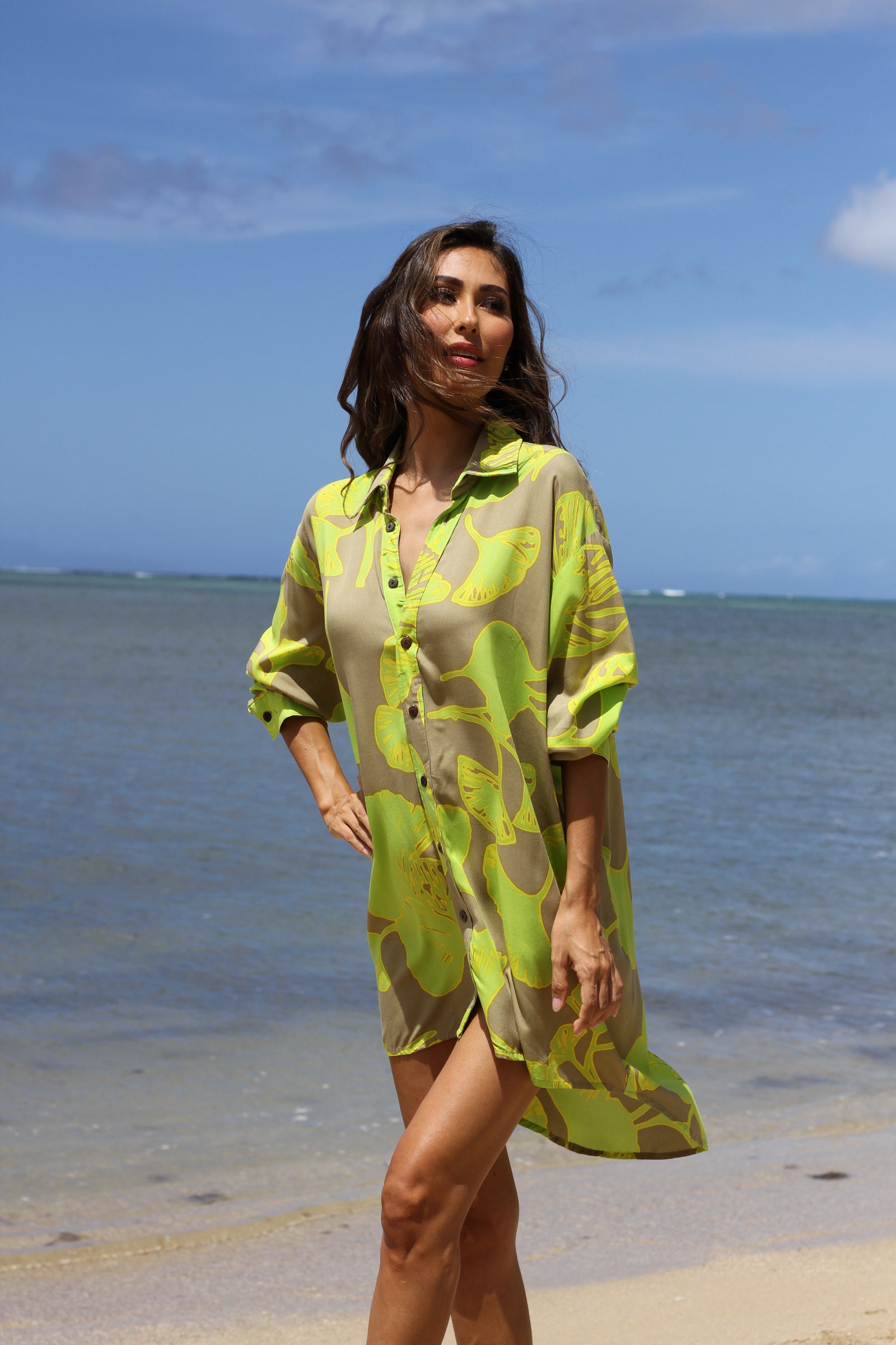 Yuttari Boyfriend Shirt - Gingko in Lime & Tan