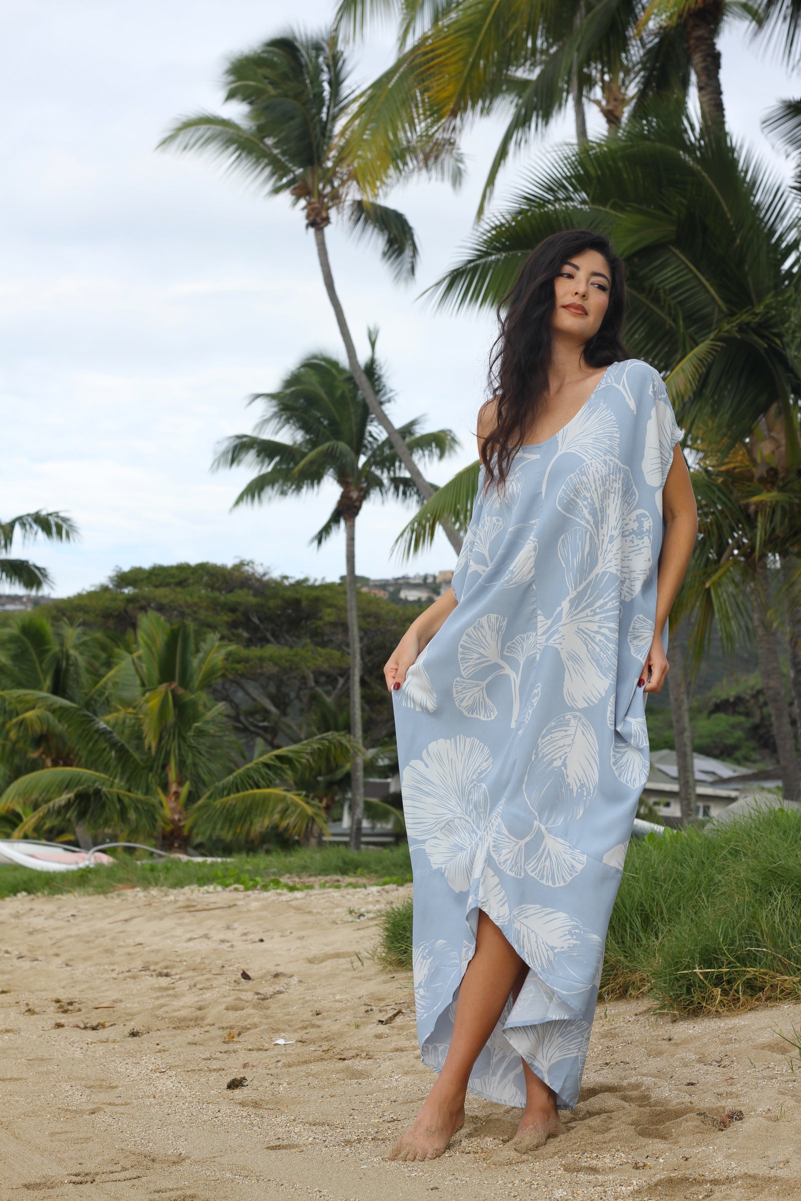 Zen Maxi Dress - Ginkgo in Dusty Blue & White