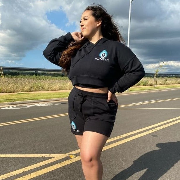 Cropped Top Sweater & Shorts Set - Black