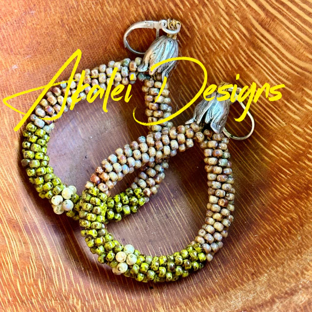Green Segmented "Forbidden Island" Necklace Set with Hoop Lever-Back Earrings