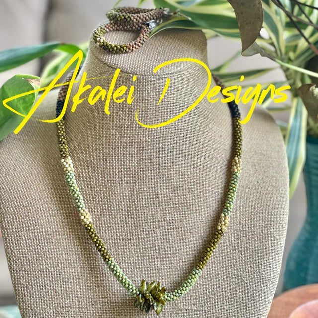 Green Segmented "Forbidden Island" Necklace Set with Hoop Lever-Back Earrings