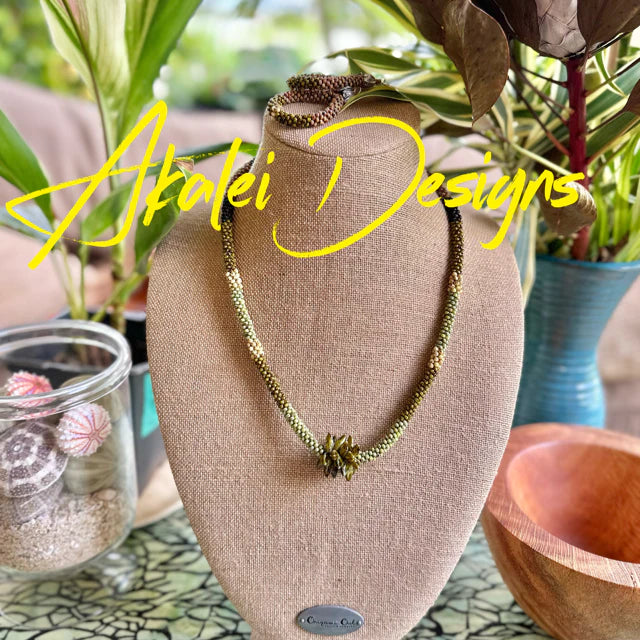 Green Segmented "Forbidden Island" Necklace Set with Hoop Lever-Back Earrings