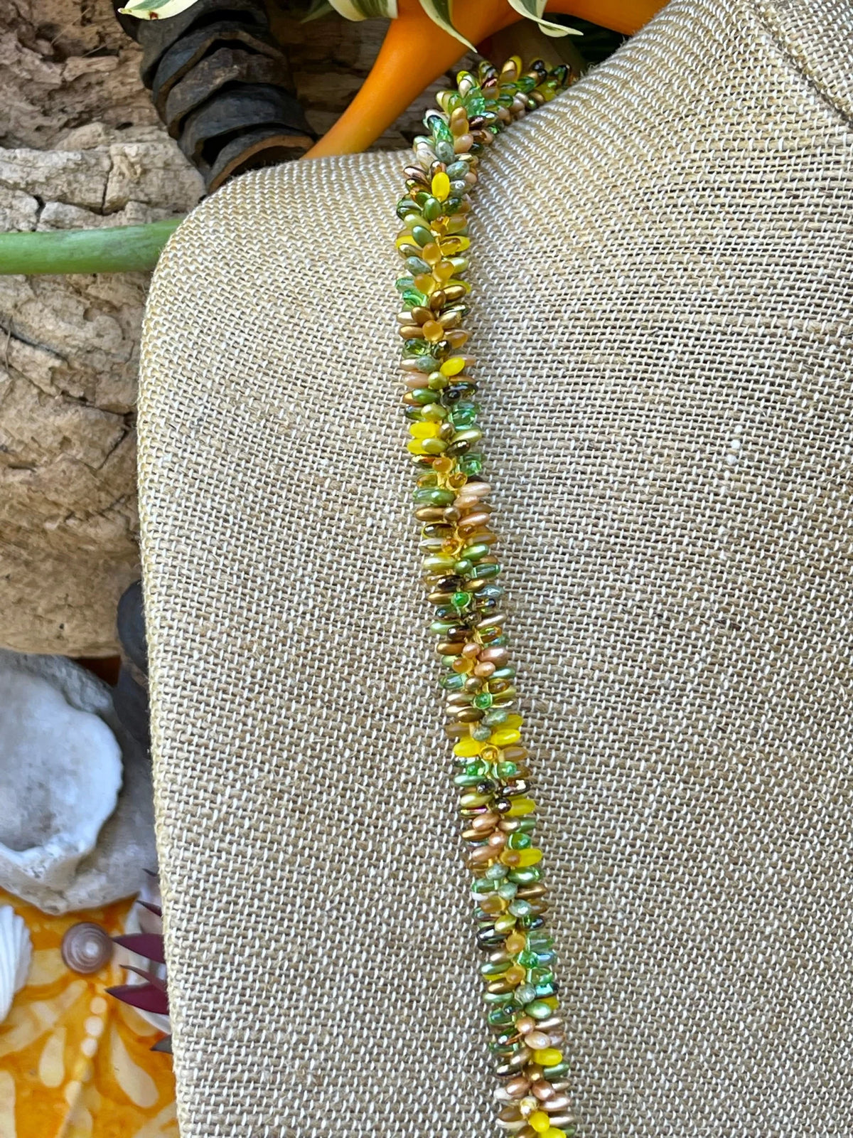 Green & Gold Hawaiian Lilikoi Lei Necklace with Lamp Work Bead