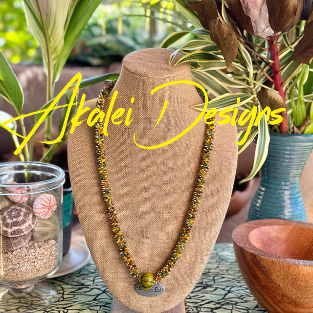 Green & Gold Hawaiian Lilikoi Lei Necklace with Lamp Work Bead