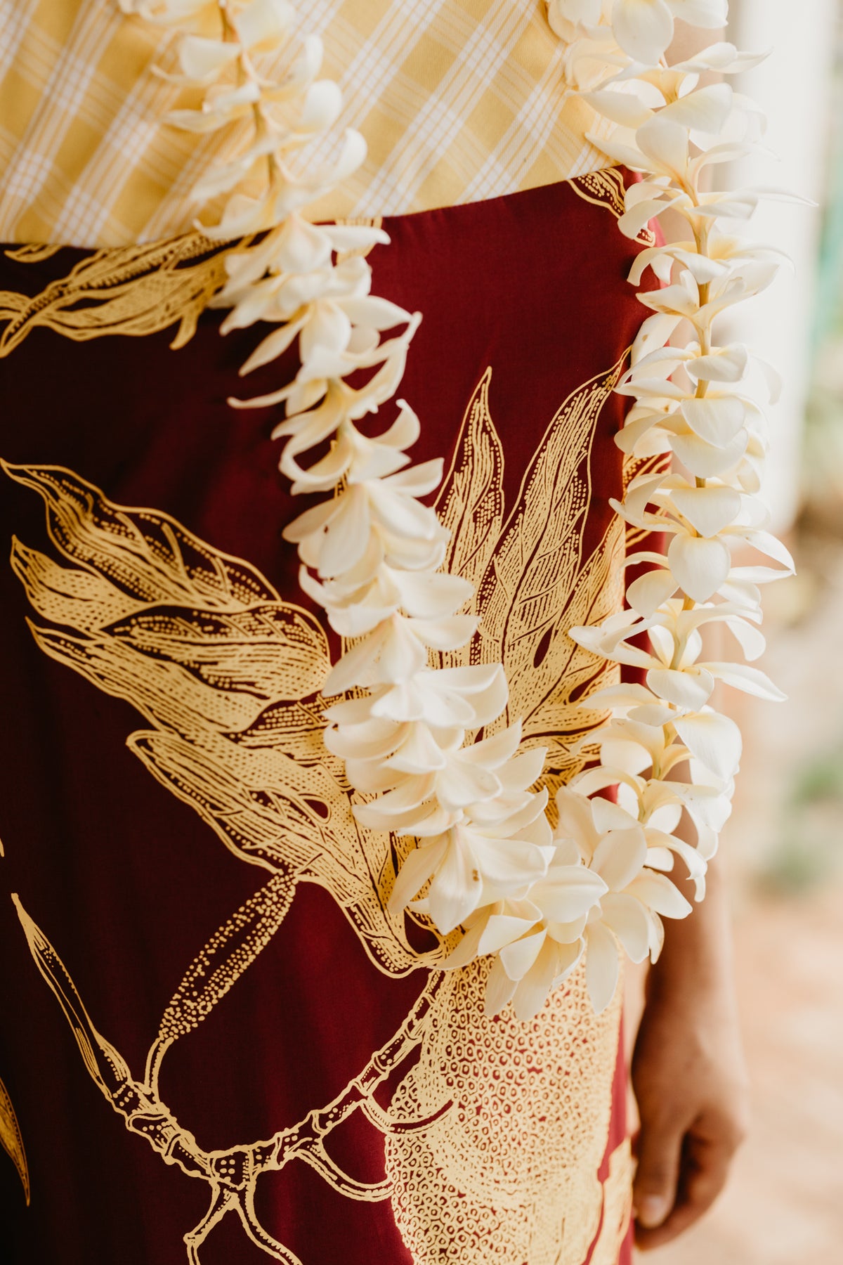 Entrance Dress - Gold Breadfruit on Warm Maroon