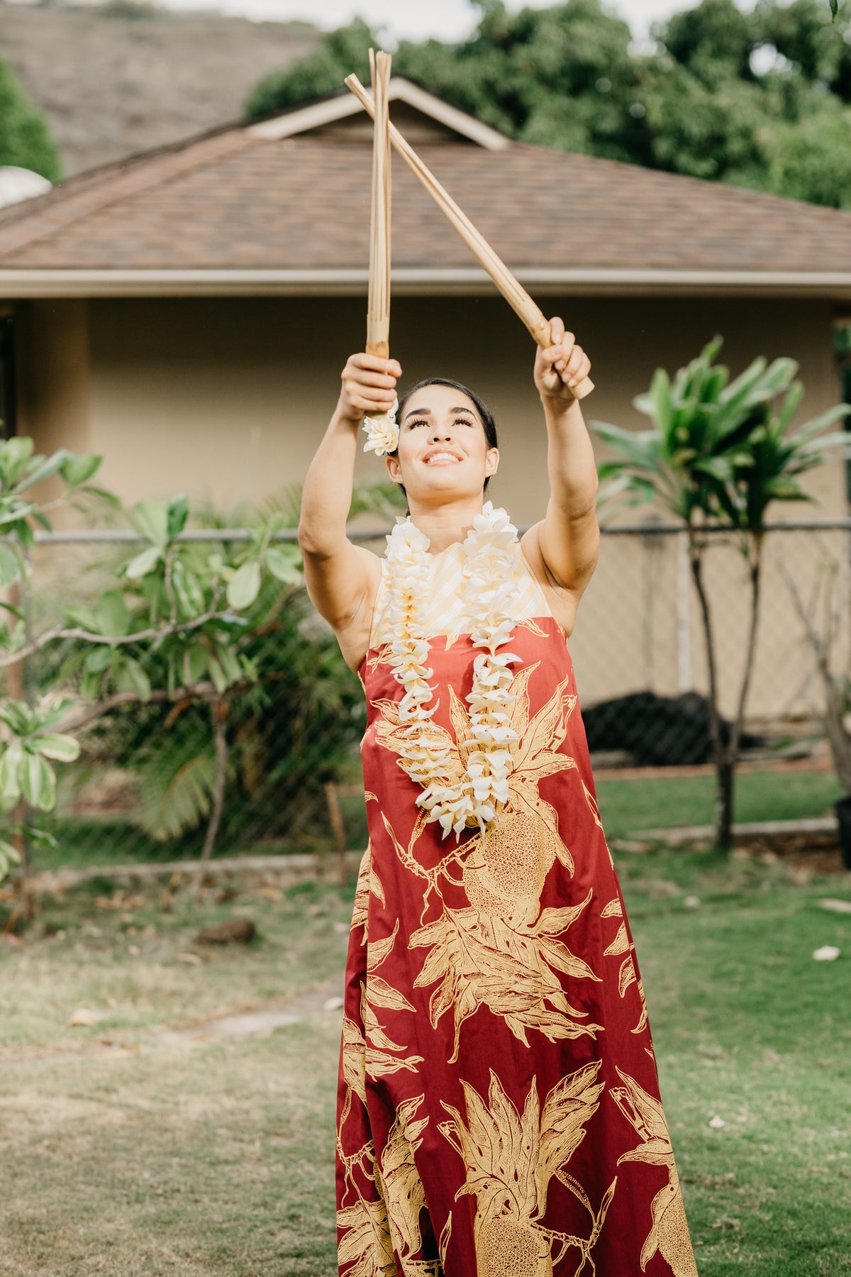 Entrance Dress - Gold Breadfruit on Warm Maroon