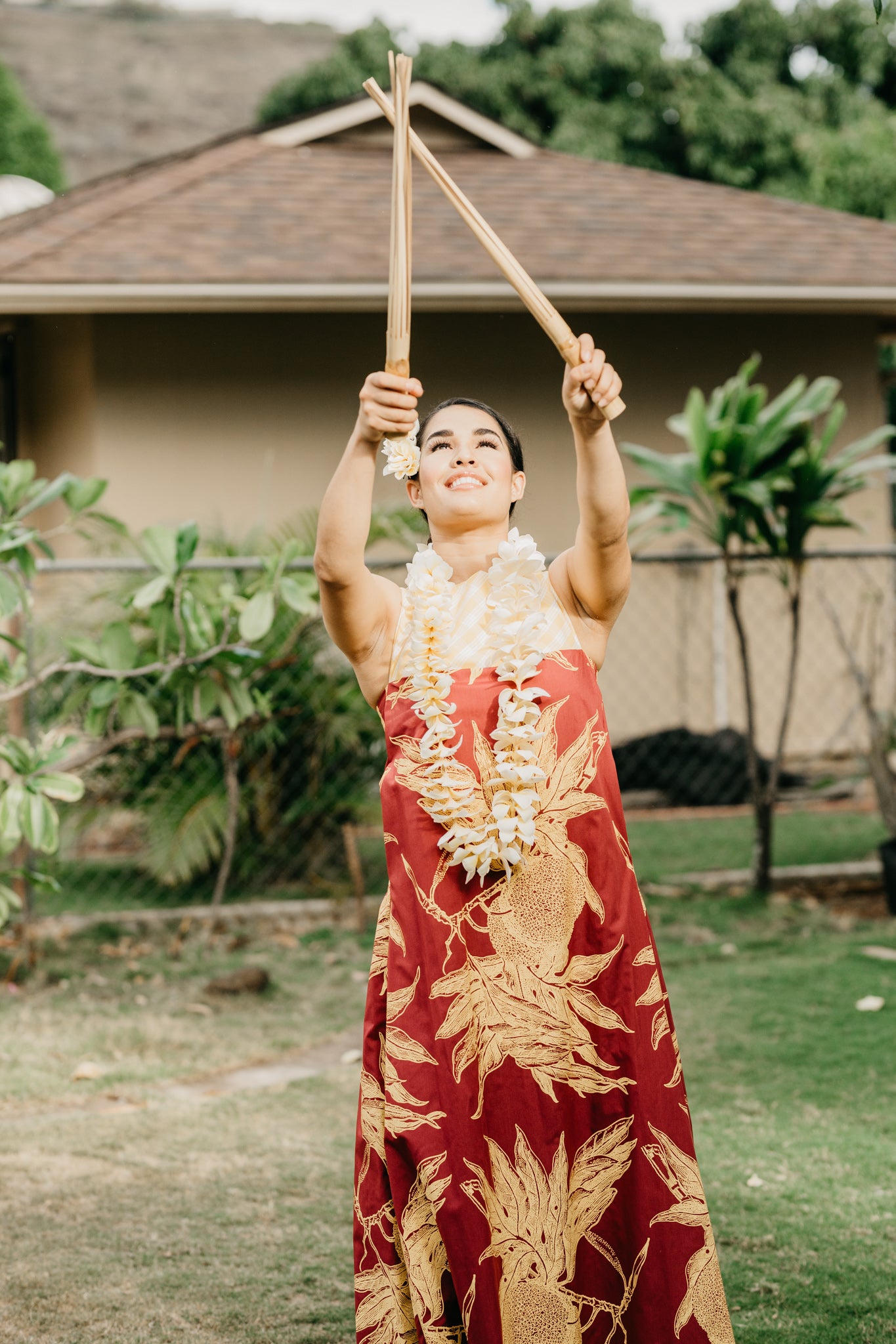 Entrance Dress - Gold Breadfruit on Warm Maroon