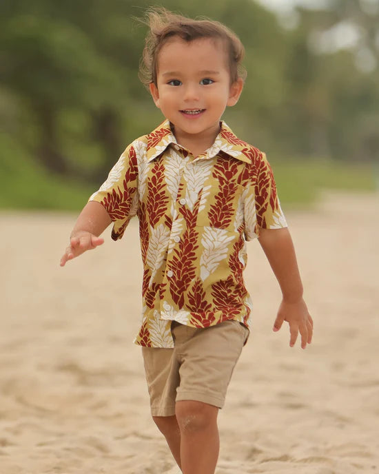 Keiki Aloha Shirt - Awapuhi in Gold & Red