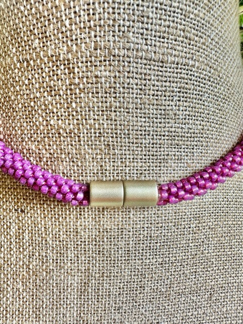 Peony Pink Lilikoi Lei Necklace with Matte Blue Rainbow Long Drops