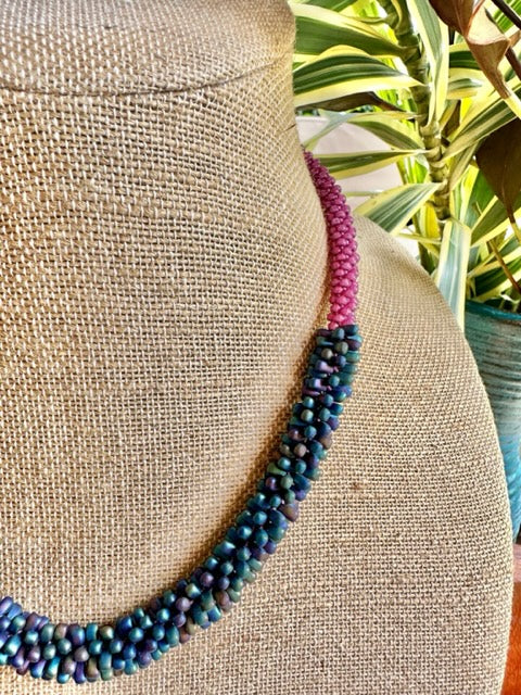 Peony Pink Lilikoi Lei Necklace with Matte Blue Rainbow Long Drops