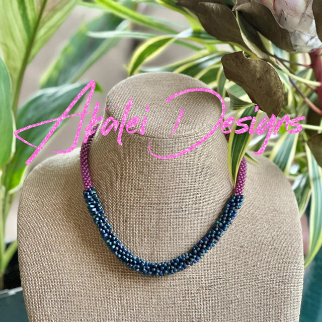 Peony Pink Lilikoi Lei Necklace with Matte Blue Rainbow Long Drops