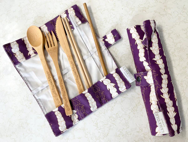 Pīkake Lei Eco-Friendly Bamboo Cutlery Set - Poni (Purple)