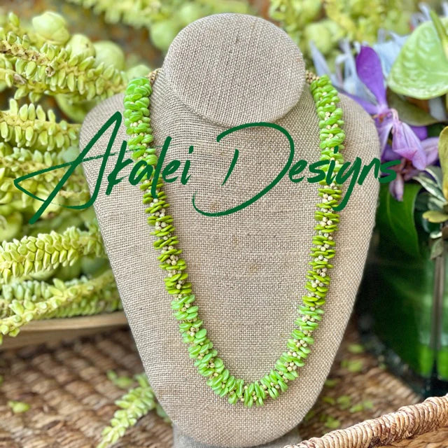 Pop-Up Mākeke - Akalei Designs - Two-Toned Green Orchid Lei Necklace - With Logo