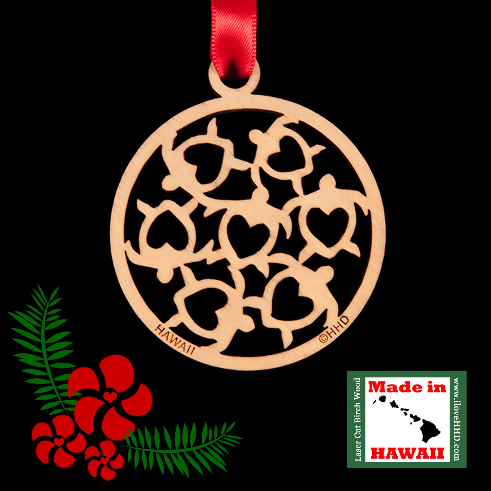 Pop-Up Mākeke - HonuHeart Designs - 7Honu Birch Wood Hawaiian Christmas Ornament - Front View