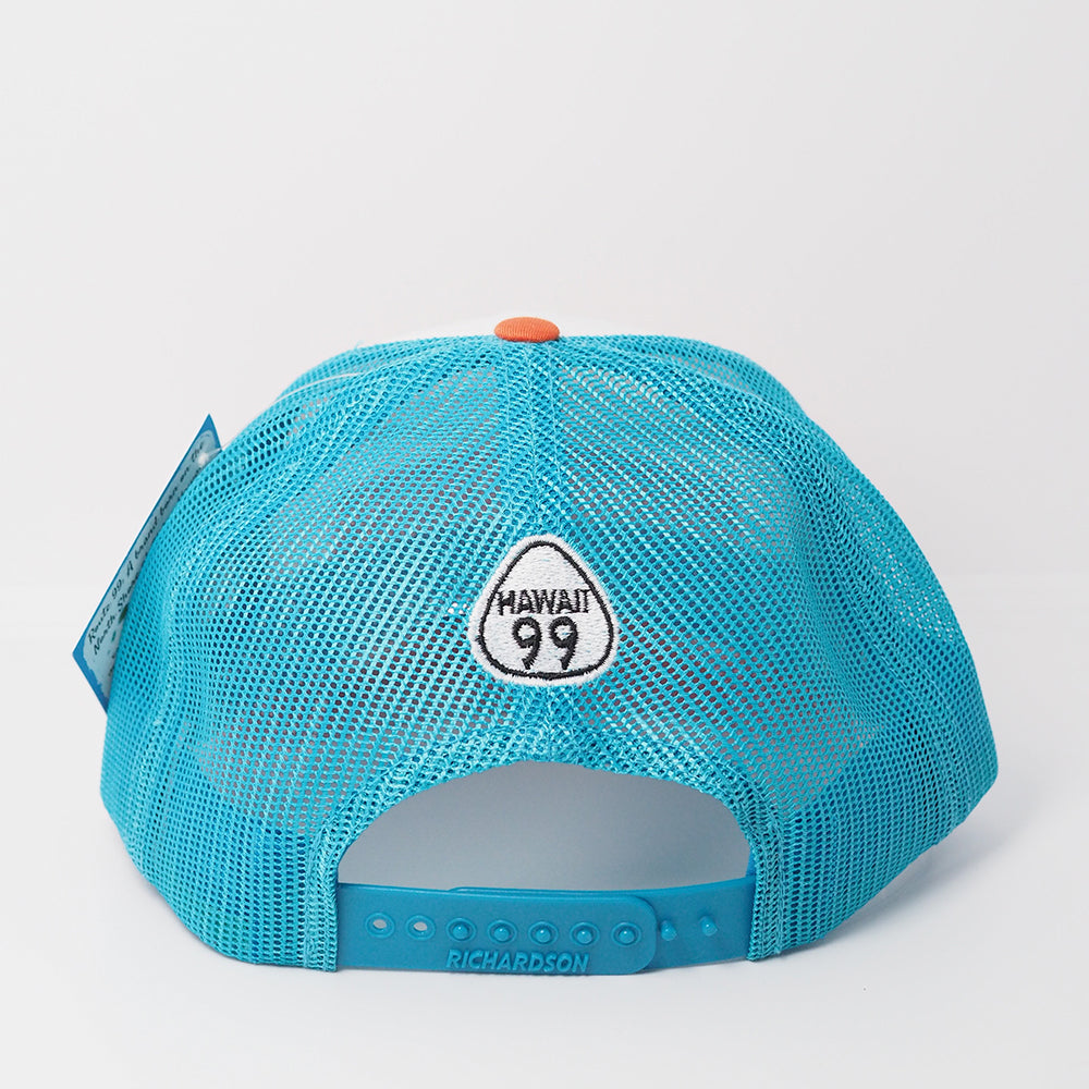 Pop-Up Mākeke - Route 99 Hawaii - North Shore Retro on Tri-Color Trucker Snapback Hat - Back View
