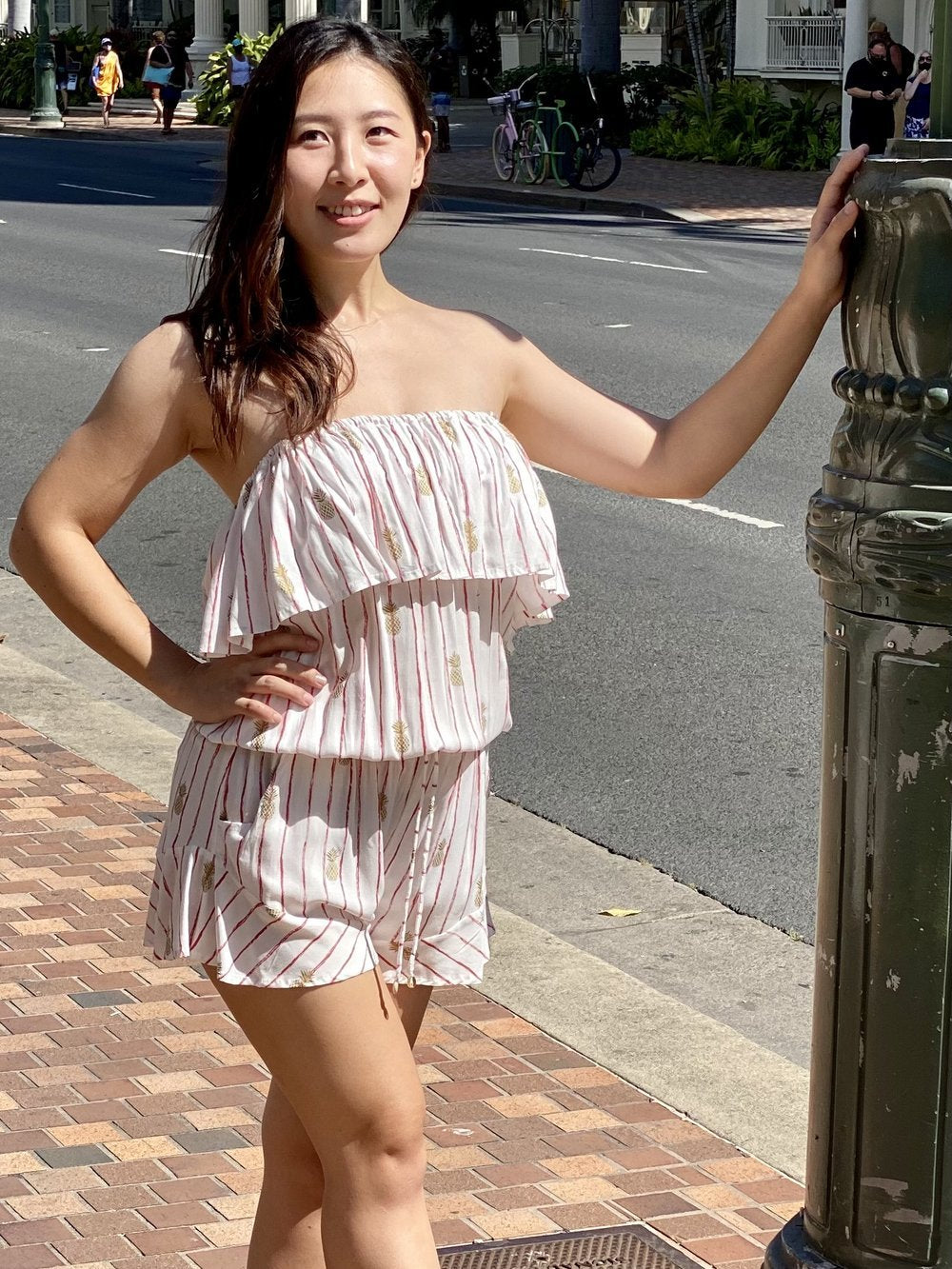 Pop-Up Mākeke - Angels by the Sea Hawaii - Kalei Women&#39;s Romper in Pineapple - Red &amp; White - Front View