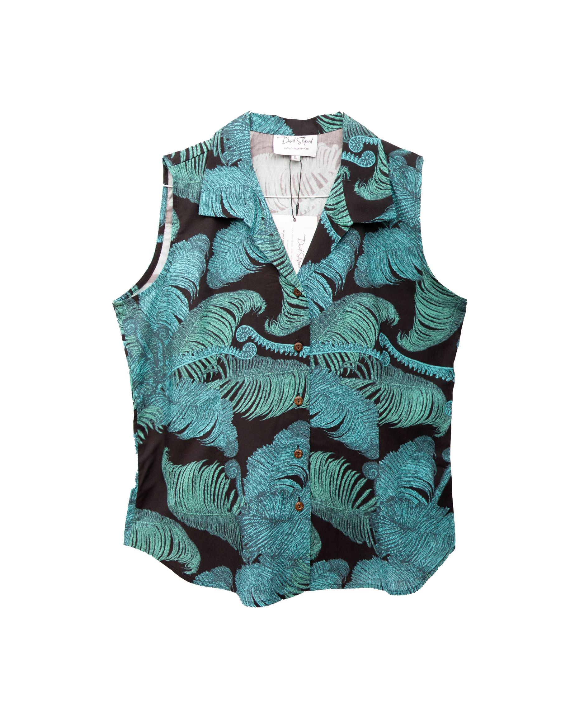 Pop-Up Mākeke - David Shepard Hawaii - ‘Ama’u Fern Teal Sleeveless Women's Aloha Shirt