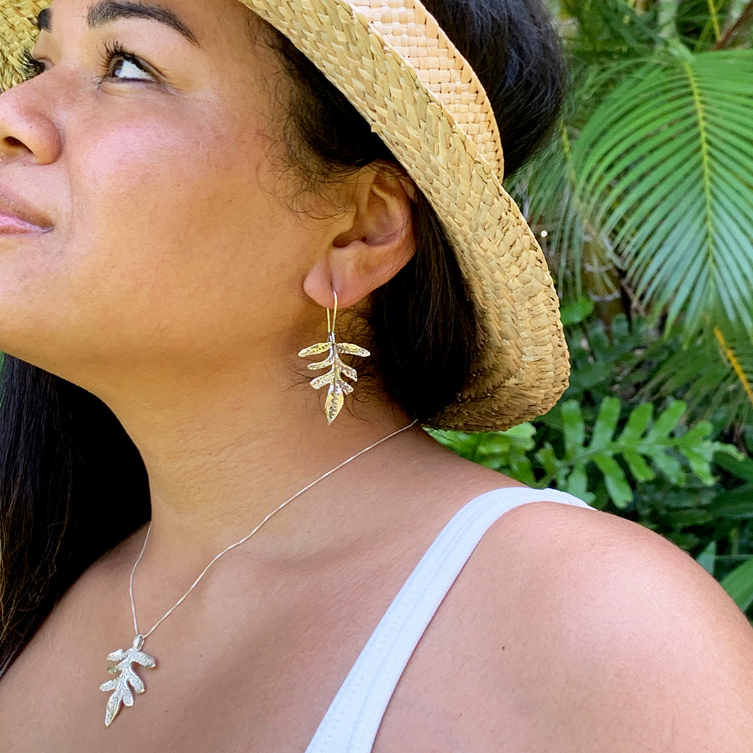 Pop-Up Mākeke - Debby Sato Designs - Lauaʻe Hawaiian Fern Sterling Silver Earrings - In Use