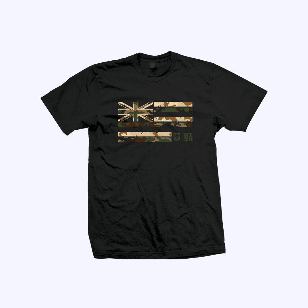 Pop-Up Mākeke - Hawaii's Finest - Camo Flag Short Sleeve T-Shirt - Front View