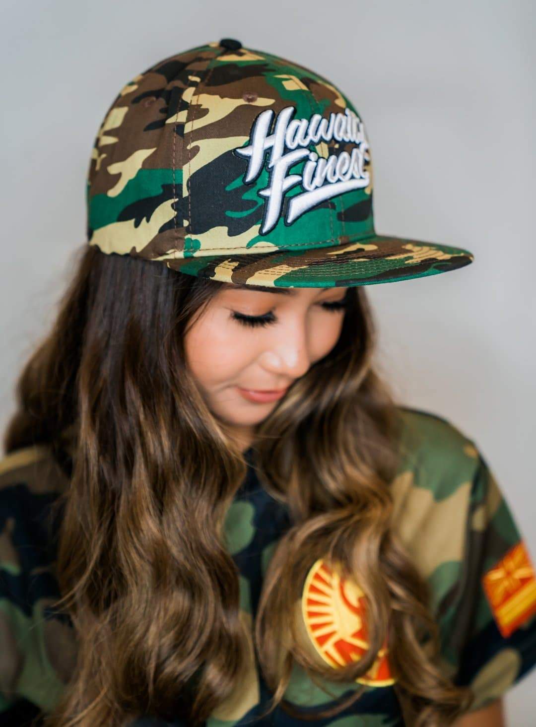 Pop-Up Mākeke - Hawaii's Finest - Camo Script Snapback Hat - Side View