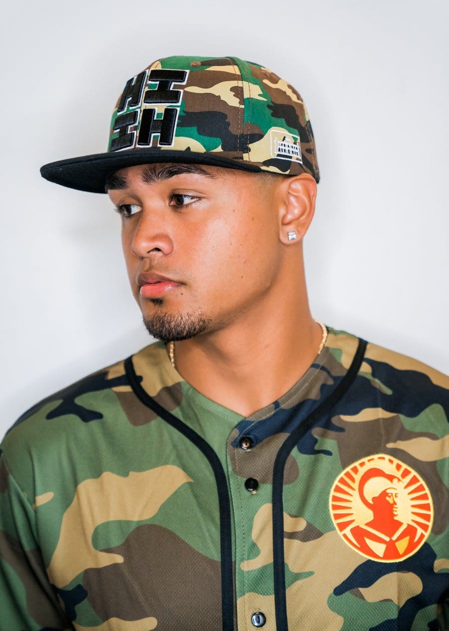 Pop-Up Mākeke - Hawaii's Finest - Camo & Black Logo Snapback Hat - Side View