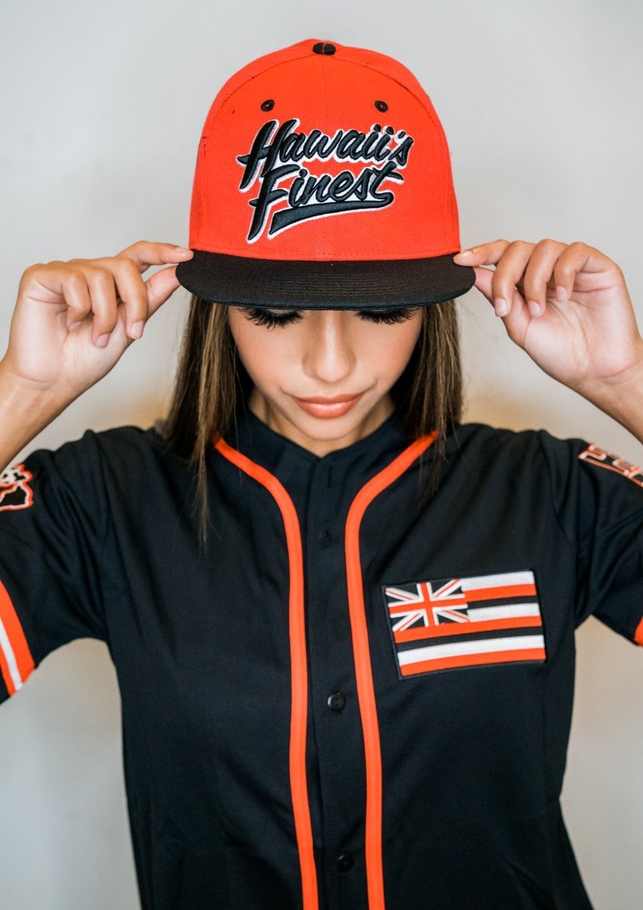 Pop-Up Mākeke - Hawaii's Finest - Red & Black Script Snapback Hat - Close Up