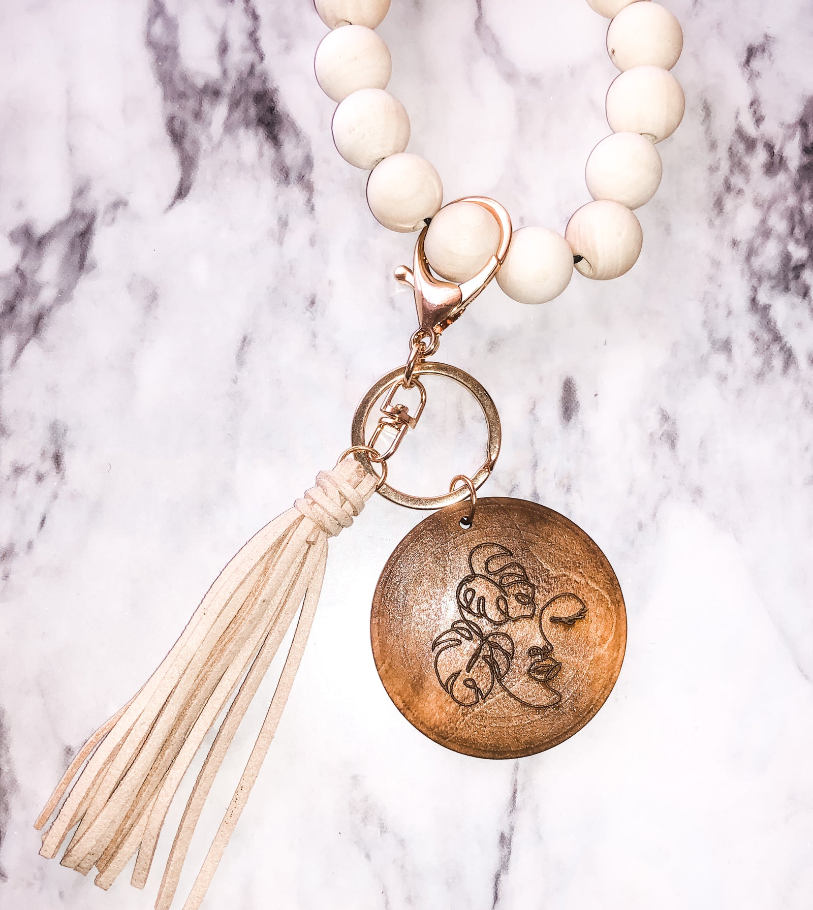 Pop-Up Mākeke - Kaimana Creations - Aloha Engraved Wood Bead Wristlet & Tassel Keychain