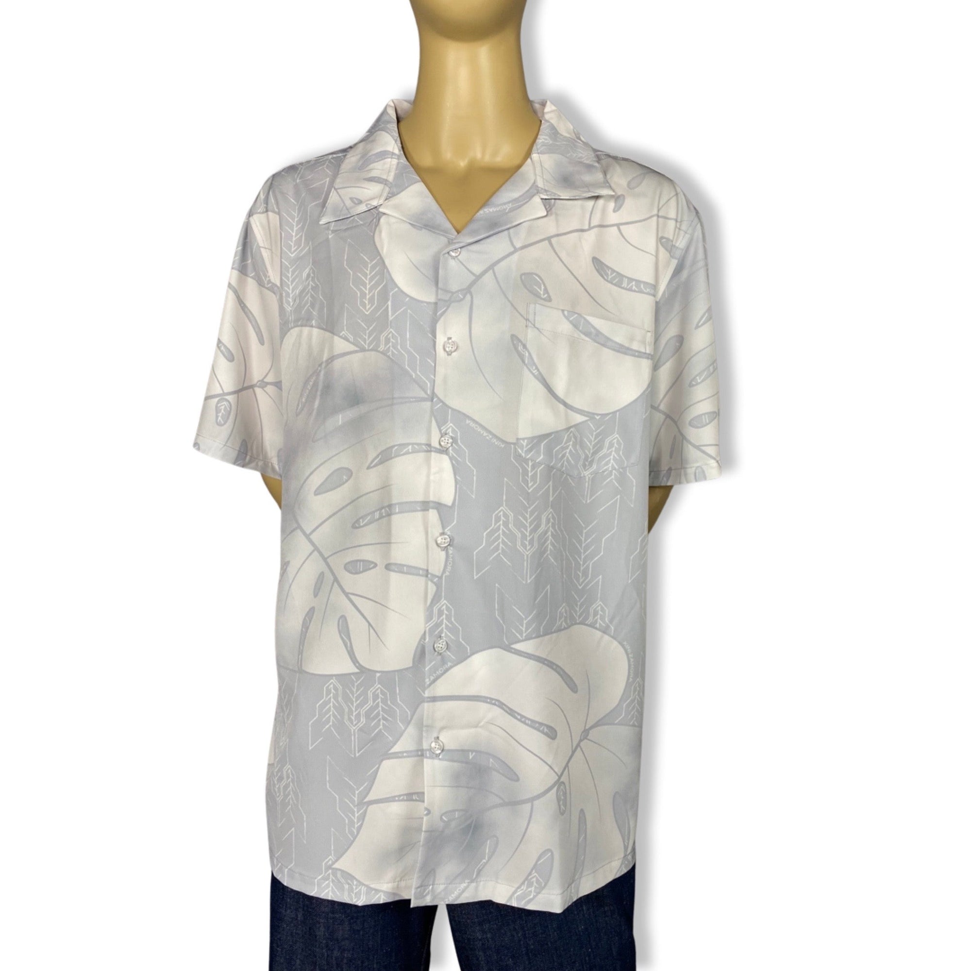 Pop-Up Mākeke - Kini Zamora - Monstera Aloha Shirt - Gray - Close Up