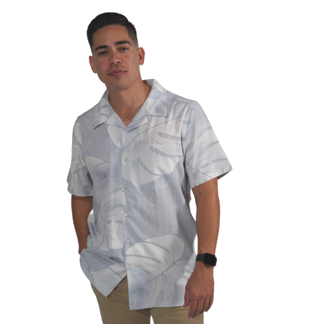 Pop-Up Mākeke - Kini Zamora - Monstera Aloha Shirt - Gray - On Model