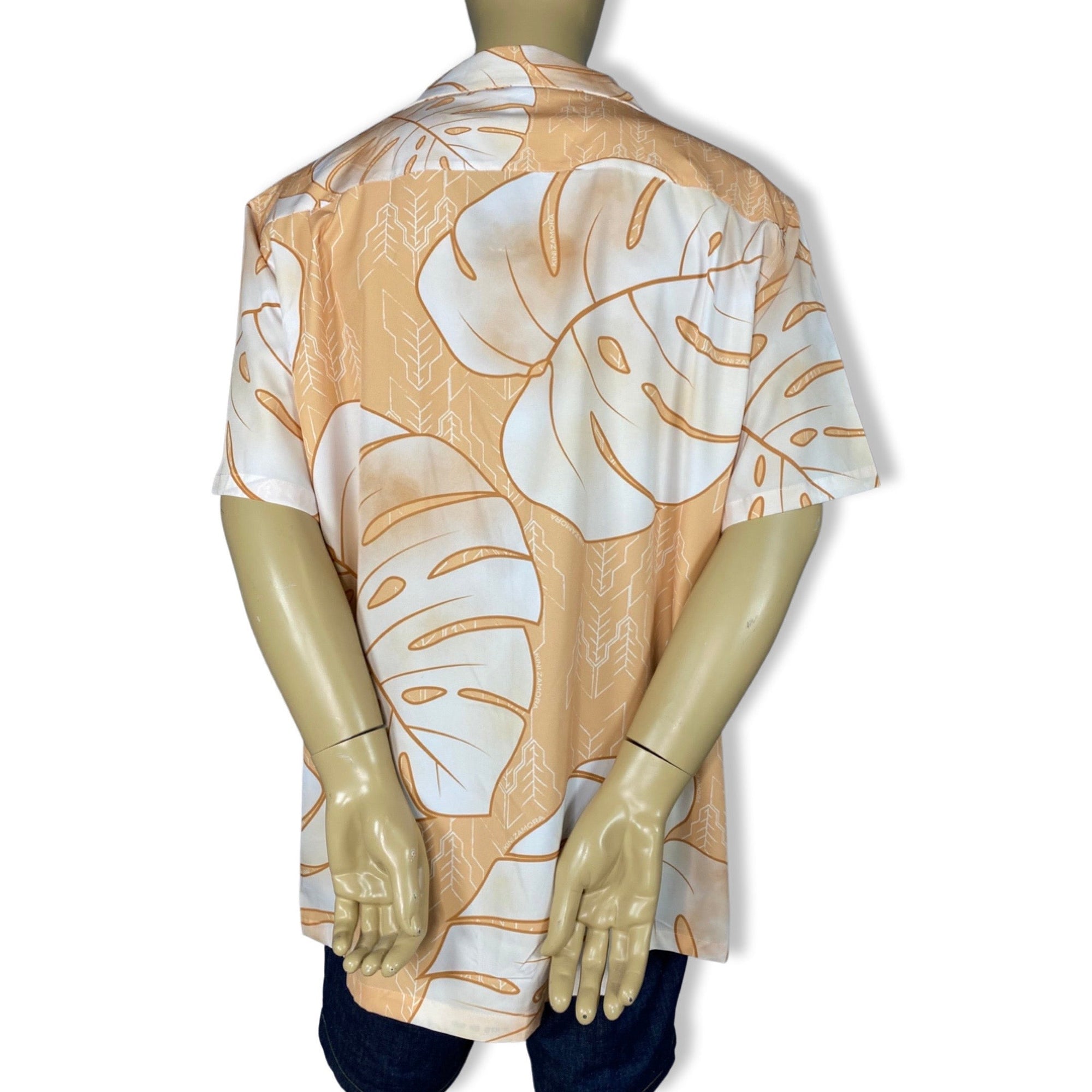 Pop-Up Mākeke - Kini Zamora - Monstera Aloha Shirt - Nude - Close Up