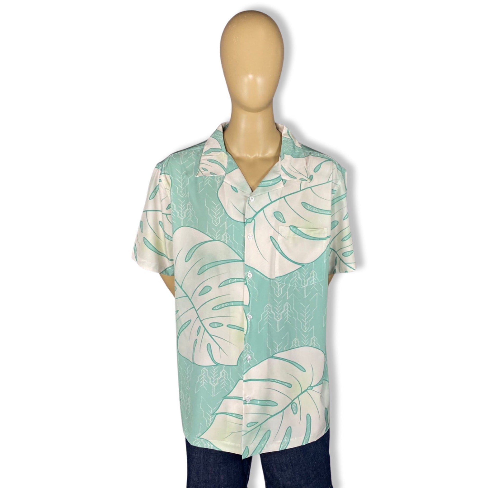 Pop-Up Mākeke - Kini Zamora - Monstera Aloha Shirt - Sage - Close Up