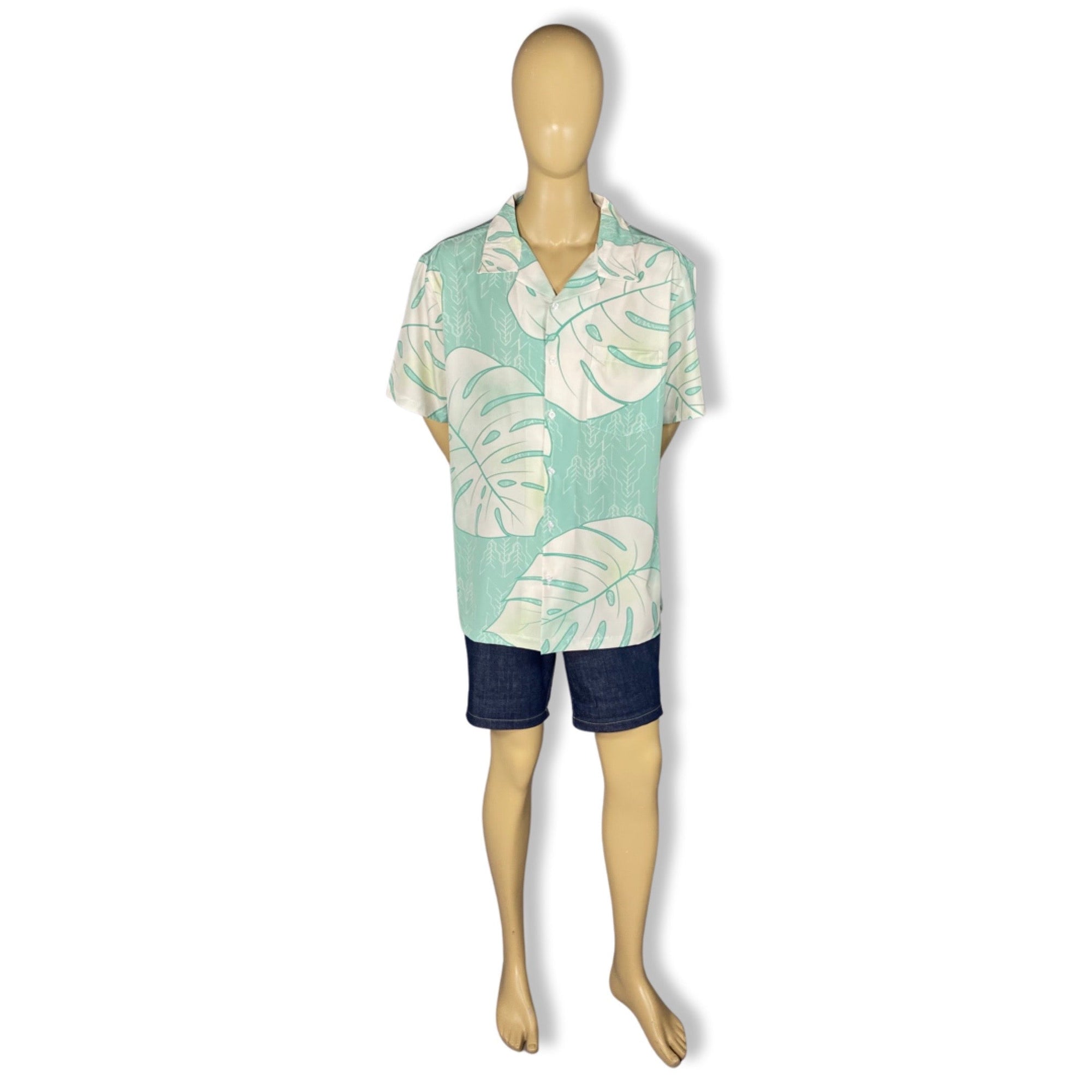 Pop-Up Mākeke - Kini Zamora - Monstera Aloha Shirt - Sage - Front View