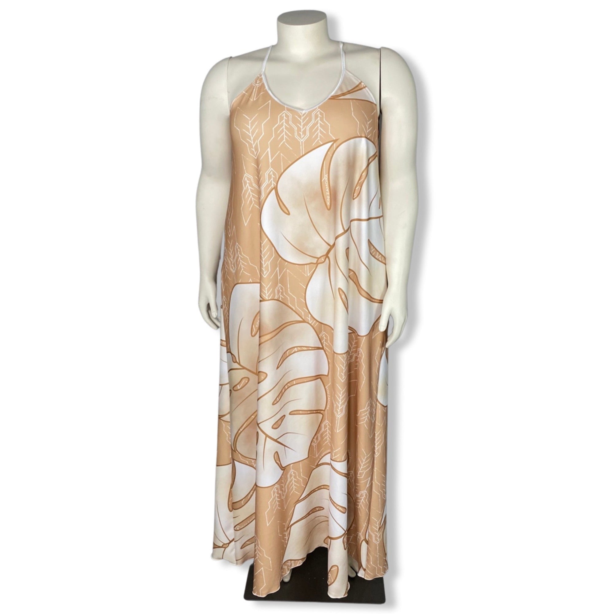 Pop-Up Mākeke - Kini Zamora - Monstera Spaghetti Strap Maxi Dress - Nude - Front View