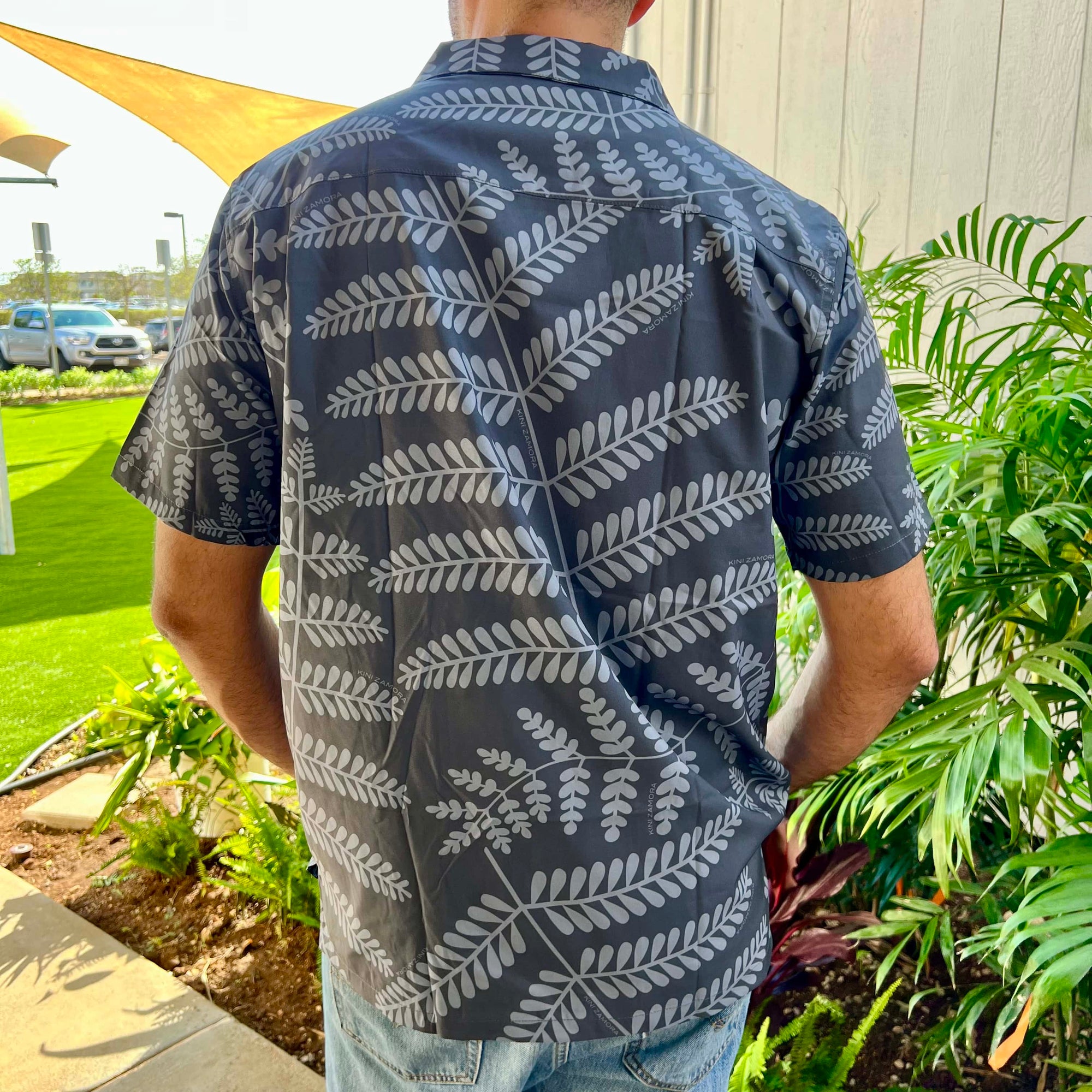 Pop-Up Mākeke - Kini Zamora - Palapalai Aloha Shirt - Jet Black & Gray - Front View