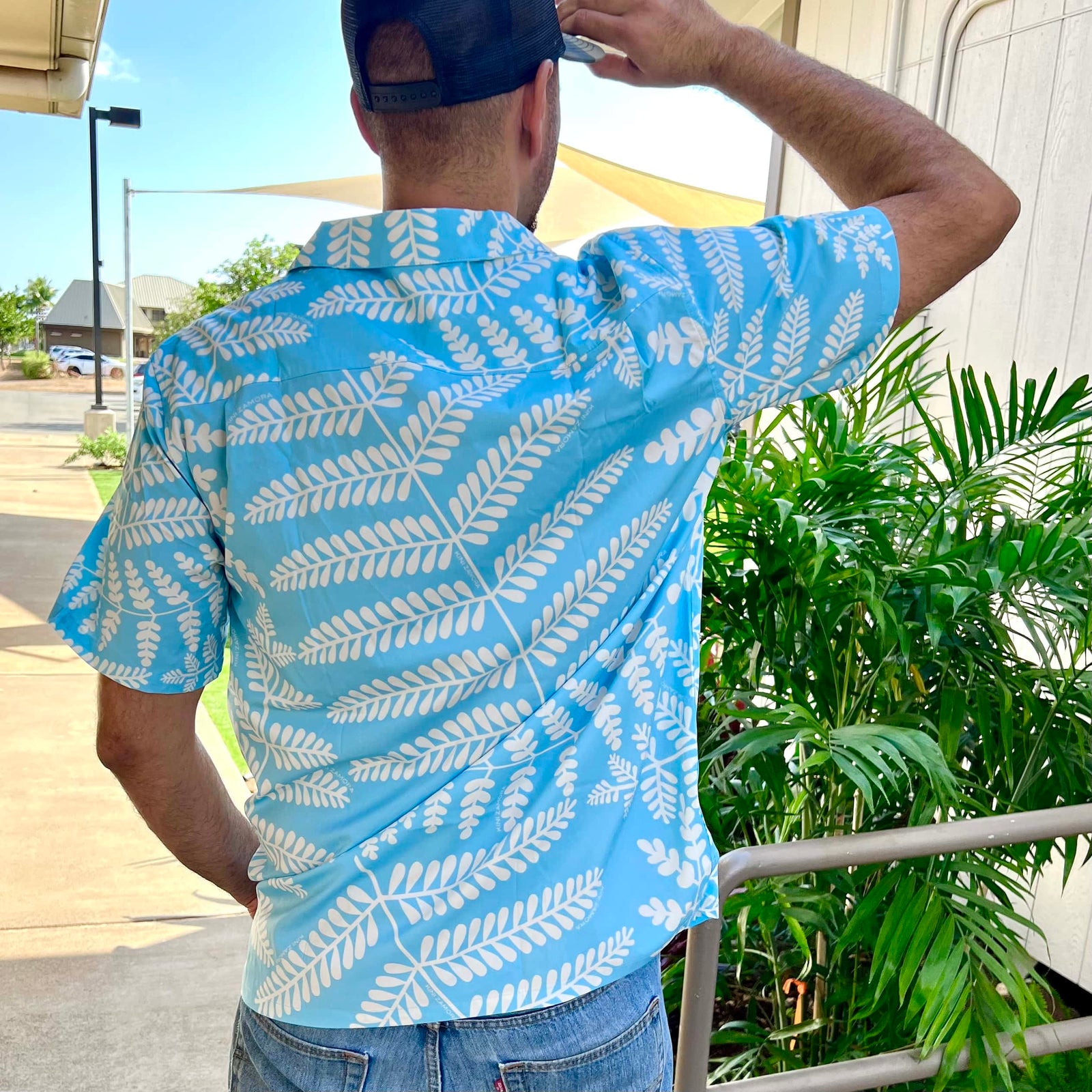 Pop-Up Mākeke - Kini Zamora - Palapalai Aloha Shirt - Sky Blue & Coconut Milk - Front View