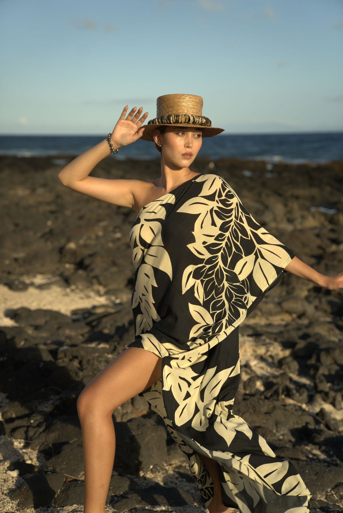 Pop-Up Mākeke - Lotus & Lime - HAU One Shoulder Maxi - Maile in Black & Cream