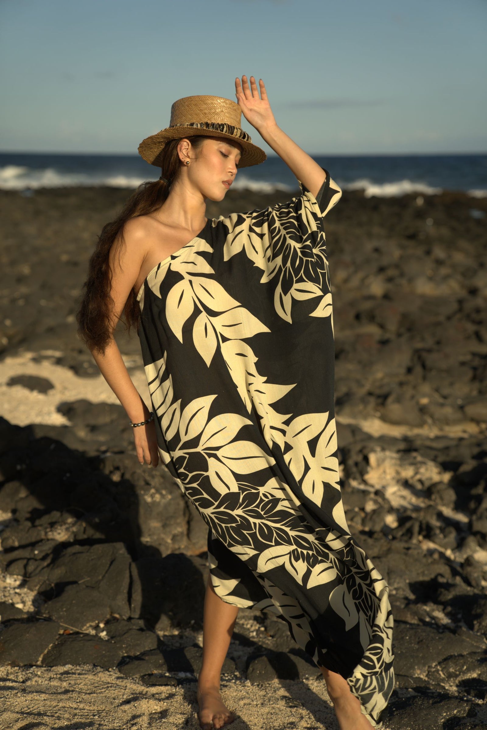 Pop-Up Mākeke - Lotus & Lime - HAU One Shoulder Maxi - Maile in Black & Cream