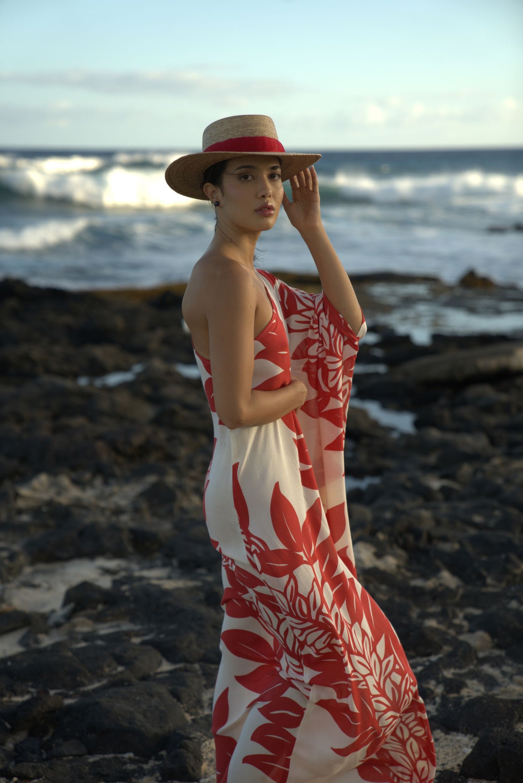 HAU One Shoulder Maxi - Maile in Red & Cream | Pop-Up Mkeke - The Mkeke HAU One Shoulder Maxi - Maile in Red & Cream | Pop-Up Mkeke - The Mkeke