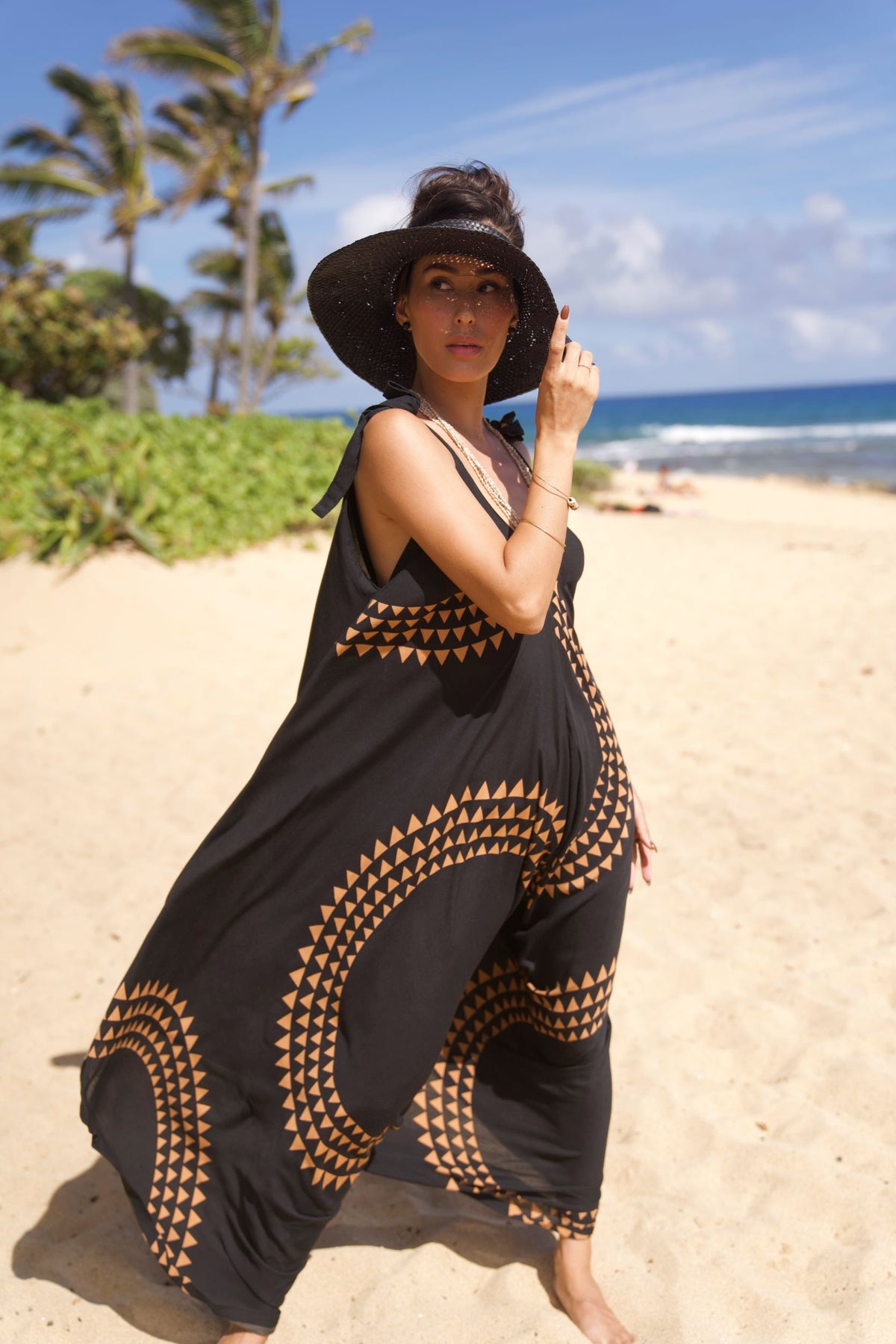 Pop-Up Mākeke - Lotus & Lime - Hele Harem Jumpsuit - Mauna in Black & Bronze - Side View