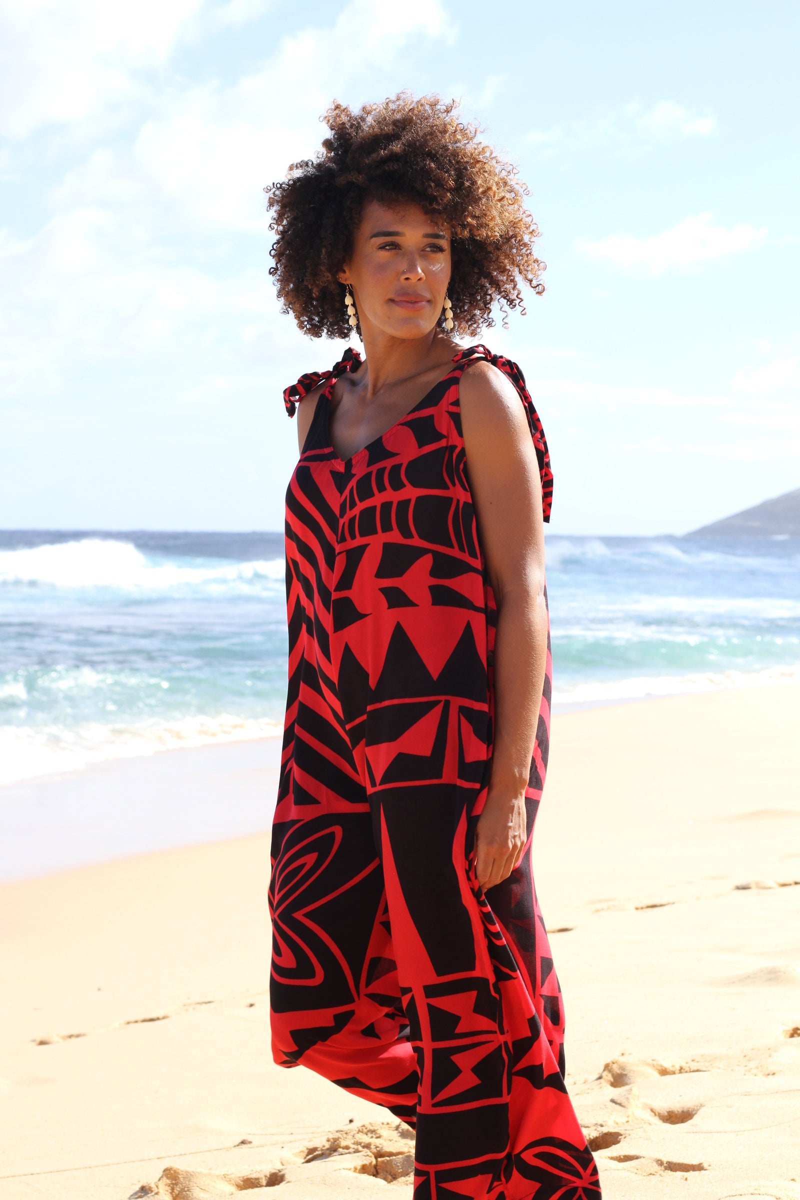 Pop-Up Mākeke - Lotus & Lime - Nani Women's Jumpsuit - Pearl Tattoo in Red & Black