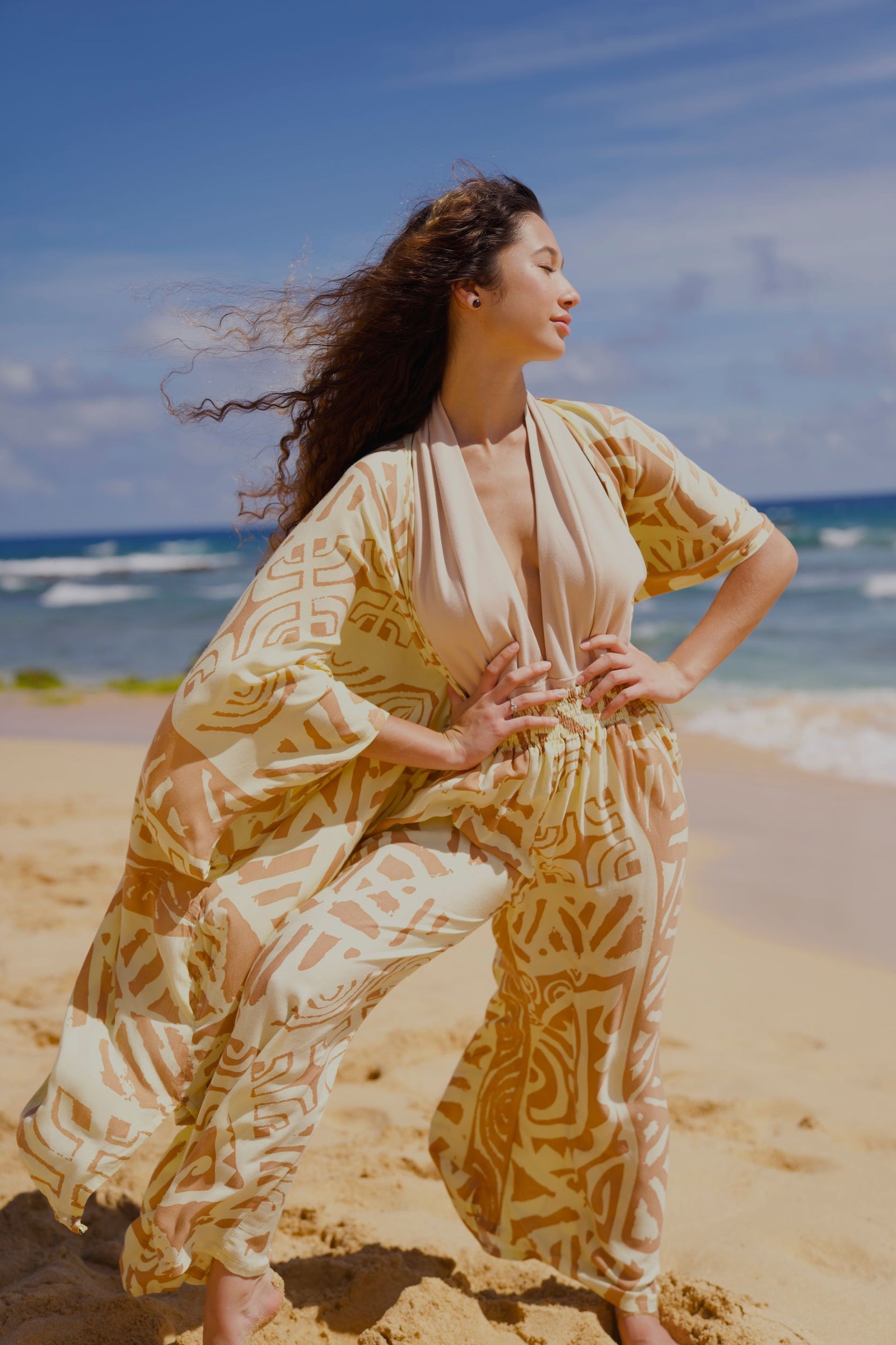 Pop-Up Mākeke - Lotus & Lime - Palazzo Pant & Kimono Set - Tattoo in Butter & Tan
