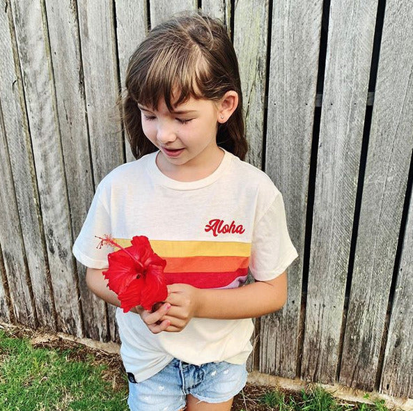 Pop-Up Mākeke - Rainbow Stripes Keiki Short Sleeve T-Shirt - In Use