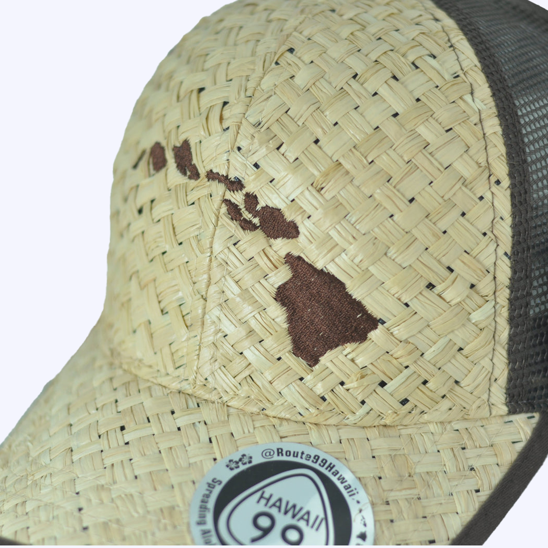 Pop-Up Mākeke- Route 99 Hawaii - Lauhala Trucker Hat with Hawaiian Islands - Brown
