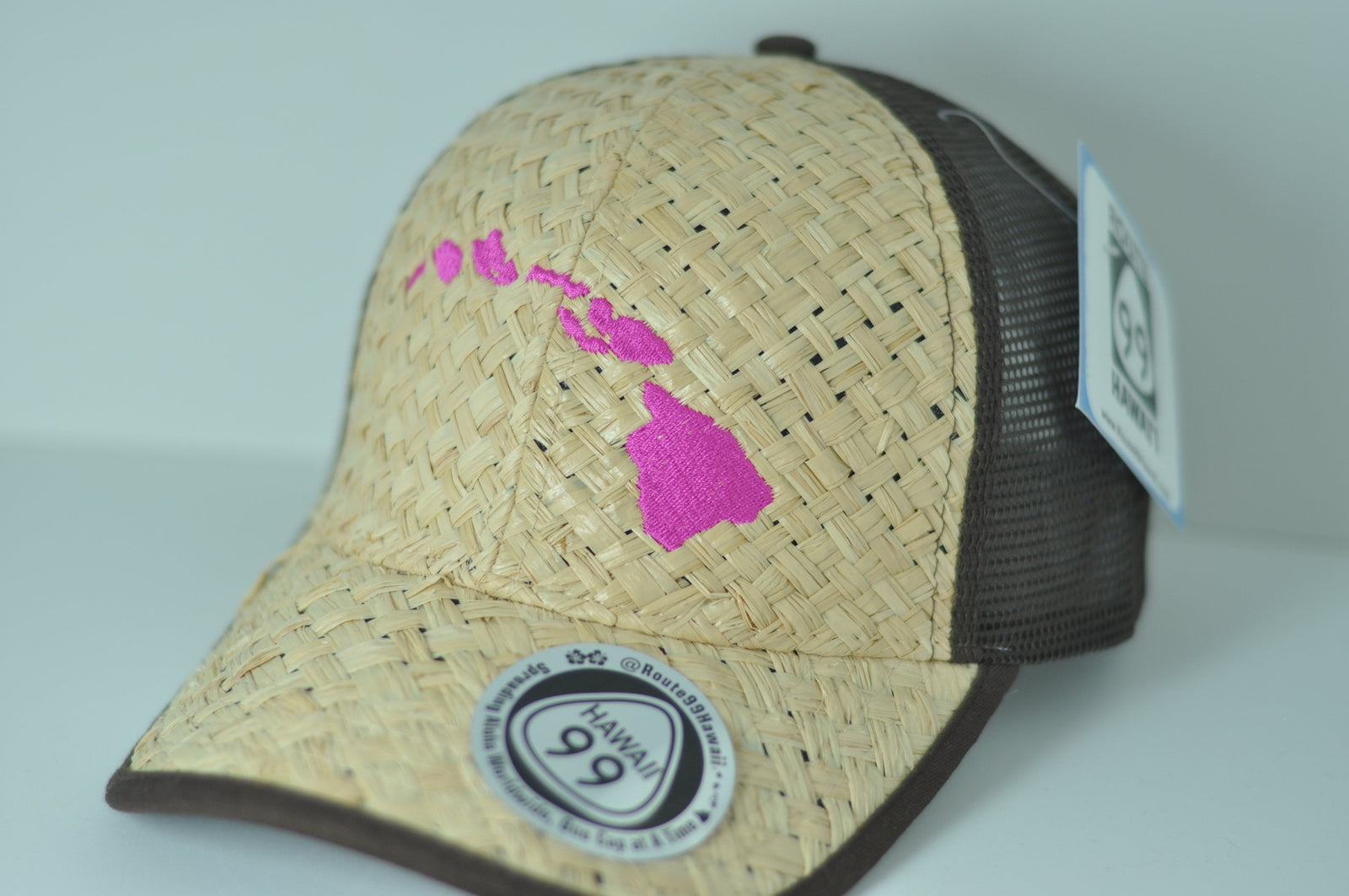 Pop-Up Mākeke- Route 99 Hawaii - Lauhala Trucker Hat with Hawaiian Islands - Pink