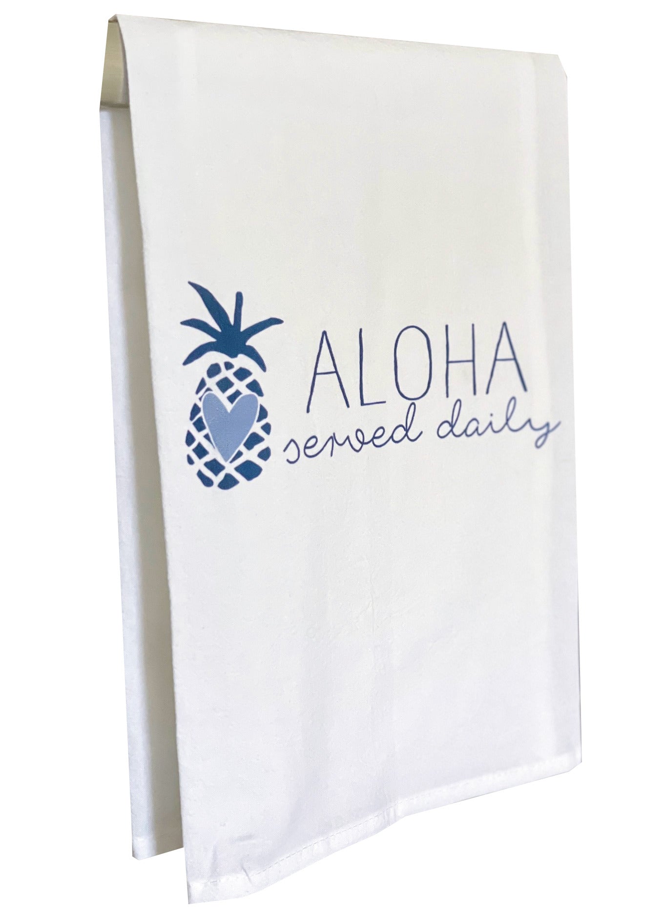 Pop-Up Mākeke - Sal Terrae - Flour Sack Kitchen Towel - Aloha Served Daily - Blue Pineapple - Front View